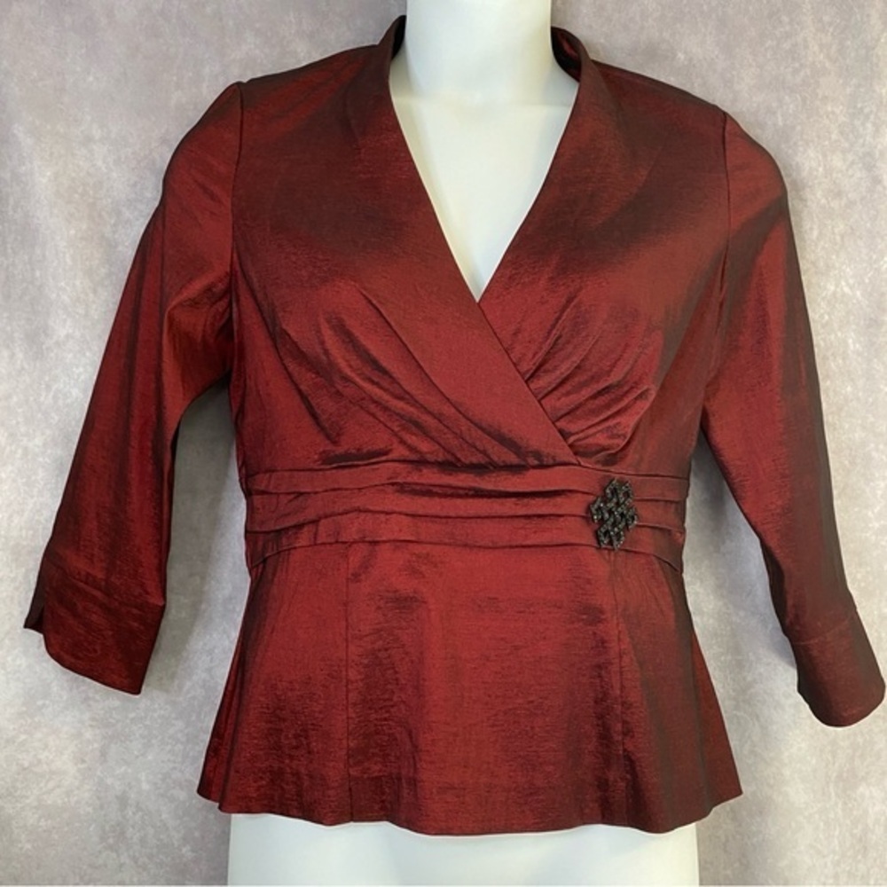 Alex Evenings Top SIZE LARGE Burgundy Red Metallic 90s Y2K wrap Formal Shirt